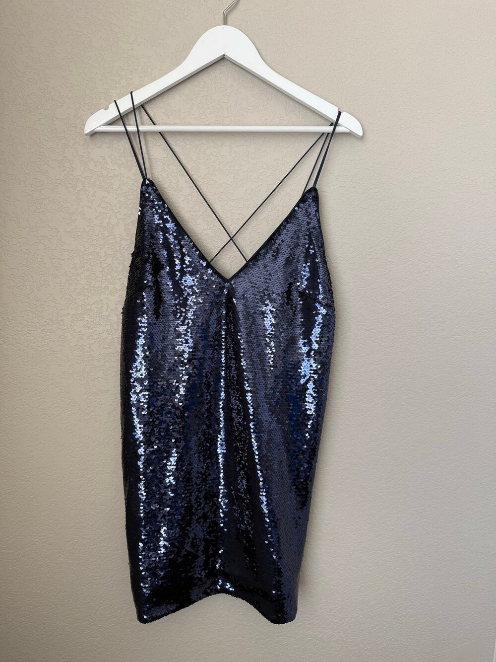 ASOS Navy Blue Sequin Strappy Mini Dress Size 8 Party Cocktail Sparkly Glam